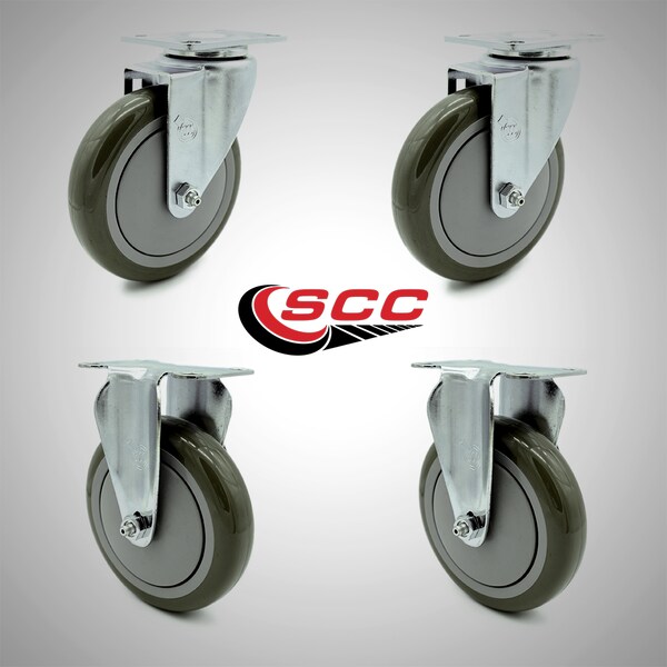5 Inch SS Gray Polyurethane Swivel Top Plate Caster Set with 2 Rigid SCC